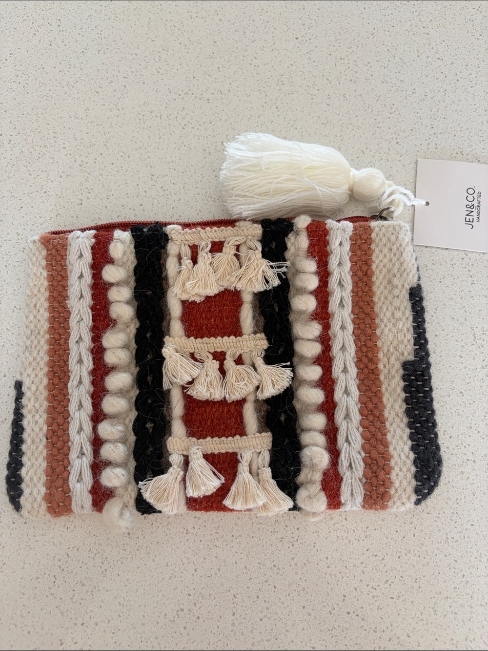 JEN & CO Woven Tassel Cosmetic Pouch - Rust, Black & Cream